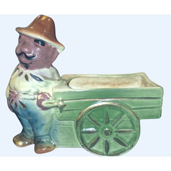 Vintage Ceramic Farmer Figurine With Wheelbarrow Planter - Picture 1 of 9